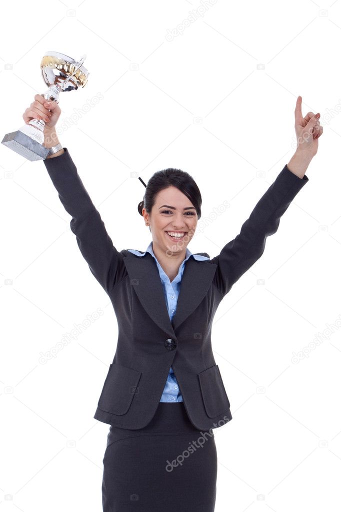 Excited business woman winning a trophy