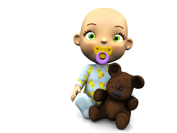 Cute cartoon baby holding a teddy bear. — Stock Photo, Image