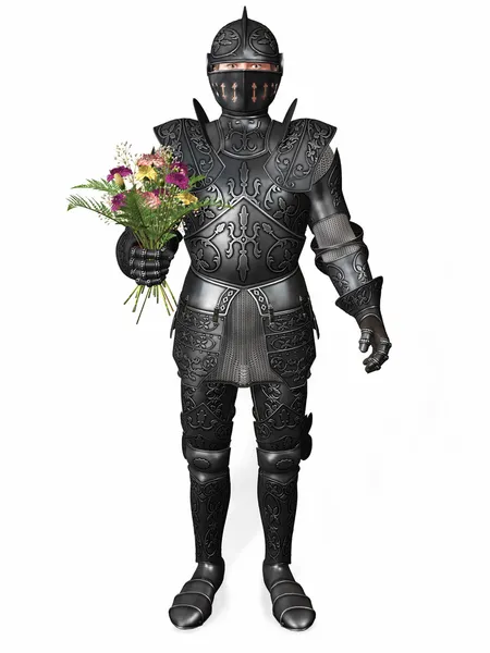 A knight in armour holding a bouquet. — Stock Photo, Image