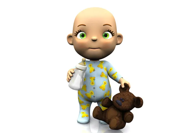 Sevimli çizgi bebek bir oyuncak ayı ve biberon holding. — Stok fotoğraf