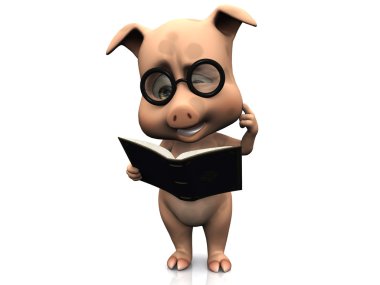 Cute confused cartoon pig holding a book. clipart