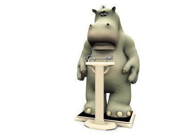Disappointed cartoon hippo on scales. clipart