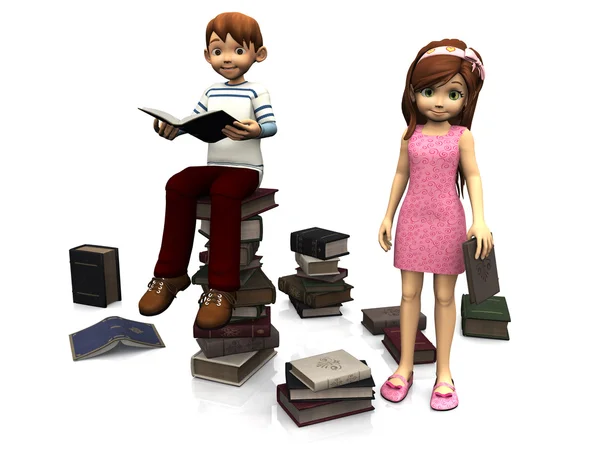 Cute cartoon boy and girl surrounded by books. — Stock Photo, Image