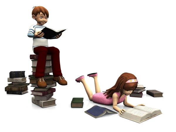 Kreskówka chłopiec i dziewczynka otoczona książkami. — Zdjęcie stockowe