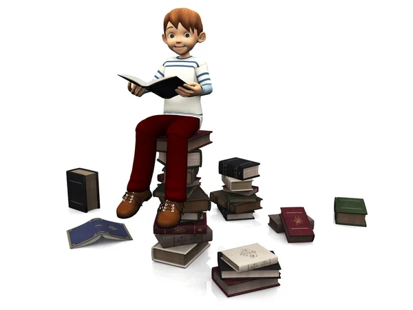 Bonito menino dos desenhos animados sentado em uma pilha de livros . — Fotografia de Stock