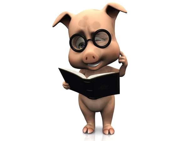 Cute confused cartoon pig holding a book. — Stock Photo, Image