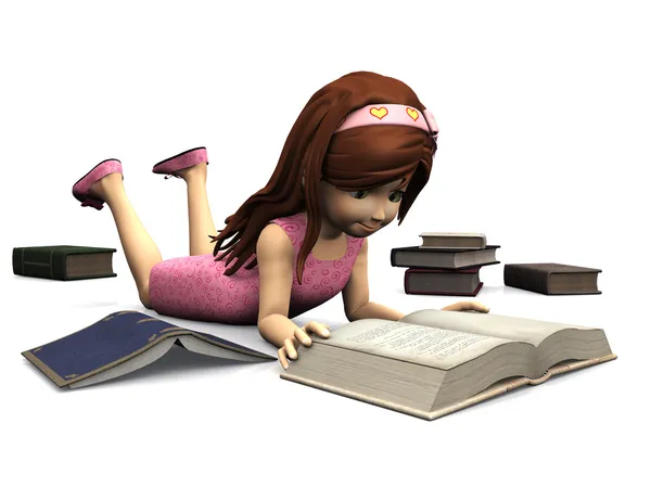 Söta tecknade flicka läsa bok. — Stockfoto