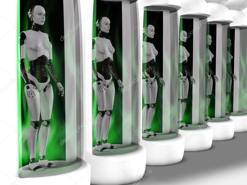 Female robots standing in sleeping chambers.