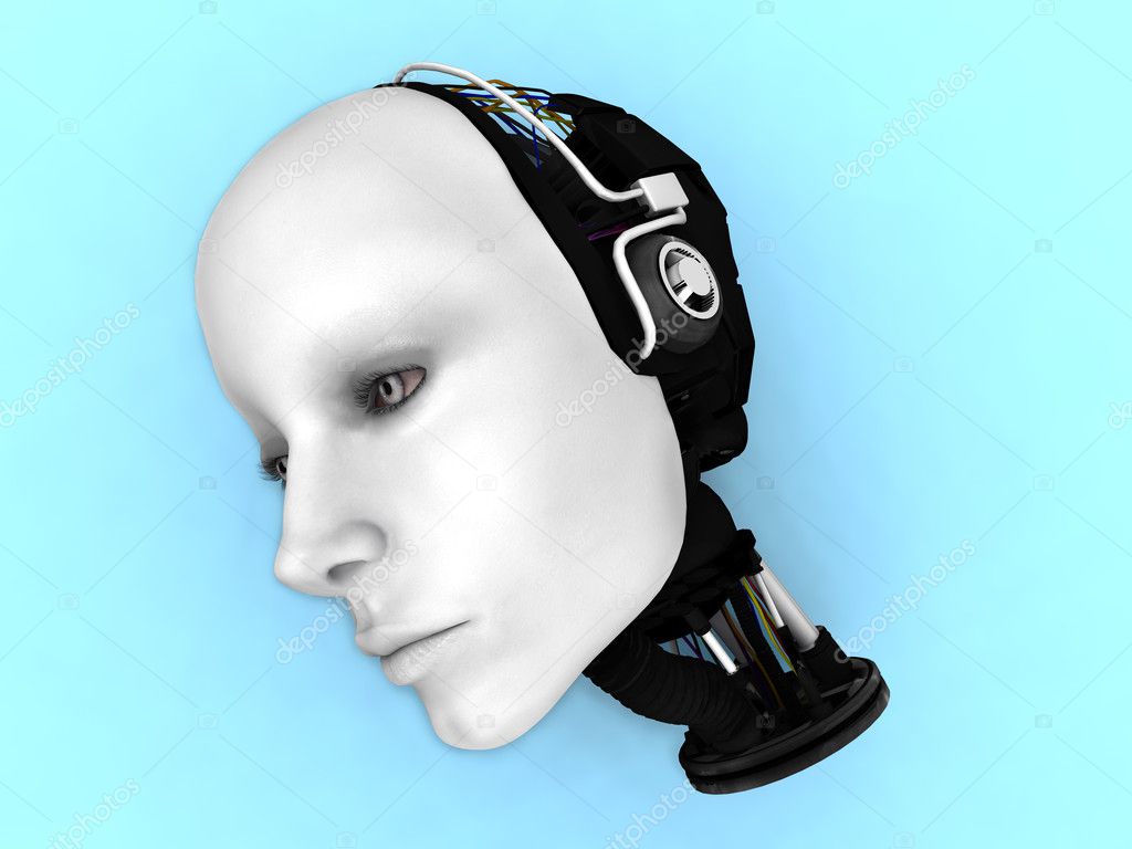 The head of a female robot on the floor.