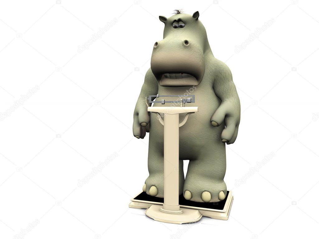 Disappointed cartoon hippo on scales.