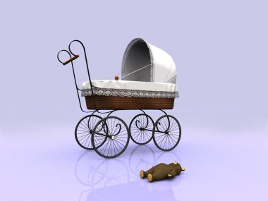 Old vintage pram and teddybear clipart