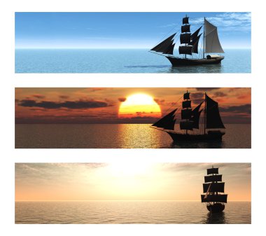 Collection of 3 banners with ships at sea.