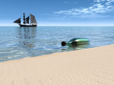 Message in a bottle lying at the waterside. clipart