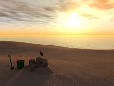 Bucket, spade and sand castle on a beach at sunset. clipart