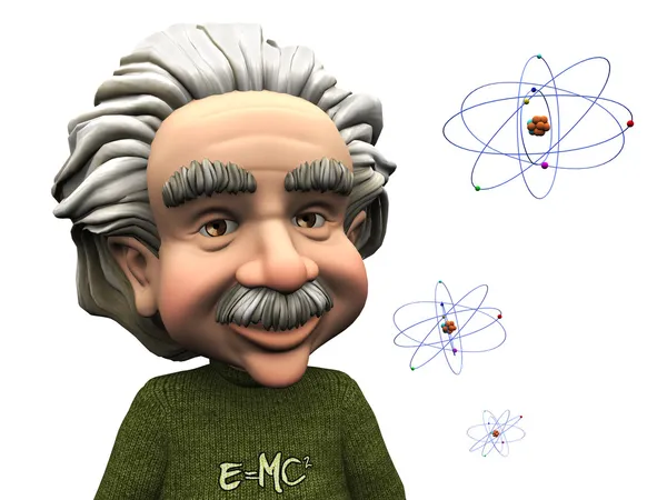 Усміхаючись мультфільм Ейнштейн з атомами. — стокове фото