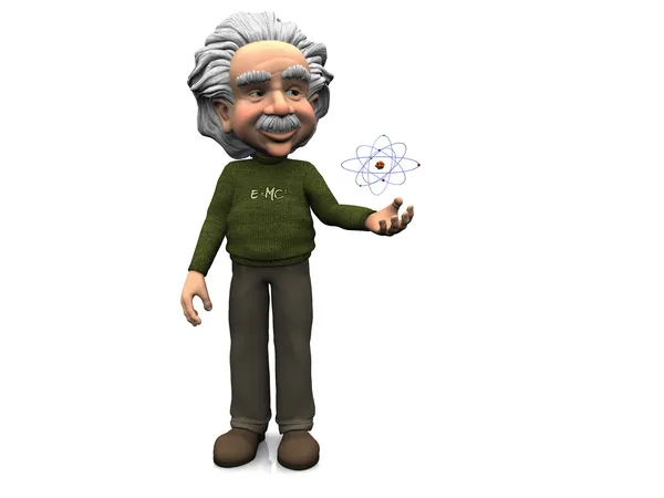 Усміхаючись мультфільм Ейнштейн з atom. — стокове фото