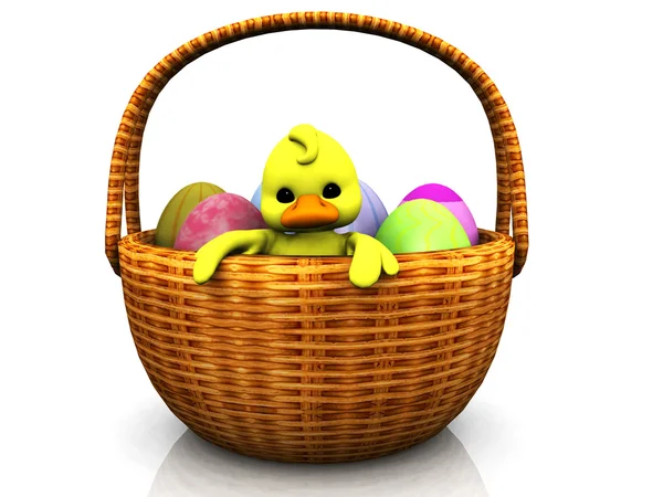 Pollo de dibujos animados en una canasta con huevos — Foto de Stock
