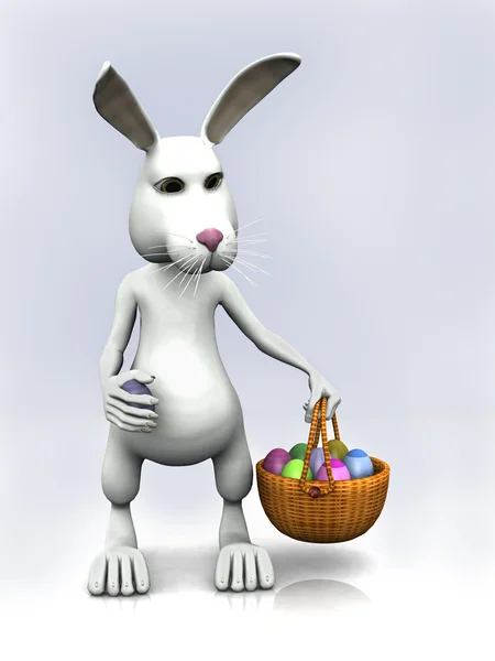 Coelho de Páscoa dos desenhos animados segurando uma cesta com ovos — Fotografia de Stock