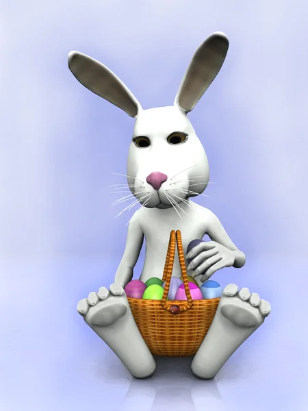 Coelho de Páscoa dos desenhos animados com uma cesta com ovos — Fotografia de Stock