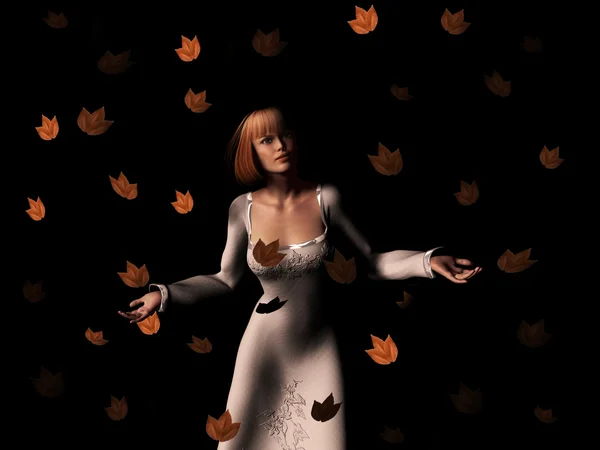 Жінка в бурі листя — стокове фото