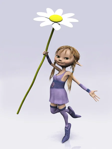 Söta tecknade tjej innehar stor blomma — Stockfoto