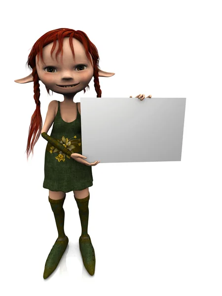 Cute cartoon girl holding blank sign — Stock Photo, Image