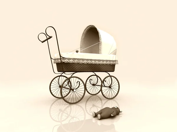 Старая винтажная коляска и плюшевый мишка — стоковое фото