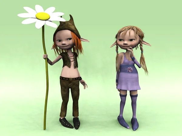 Desenhos animados menino e menina com grande flor — Fotografia de Stock