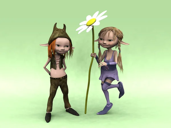Cartoon chłopiec i dziewczynka z duży kwiat — Zdjęcie stockowe