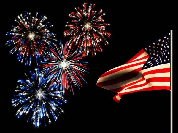 Feuerwerk zum Unabhängigkeitstag und die amerikanische Flagge. — Stockfoto