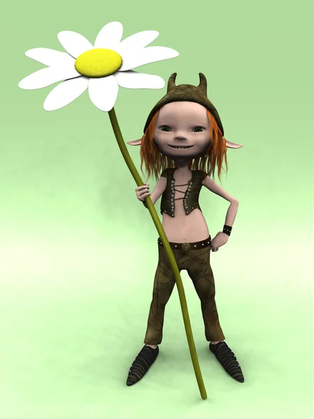 Lindo niño de dibujos animados sosteniendo flor grande — Foto de Stock