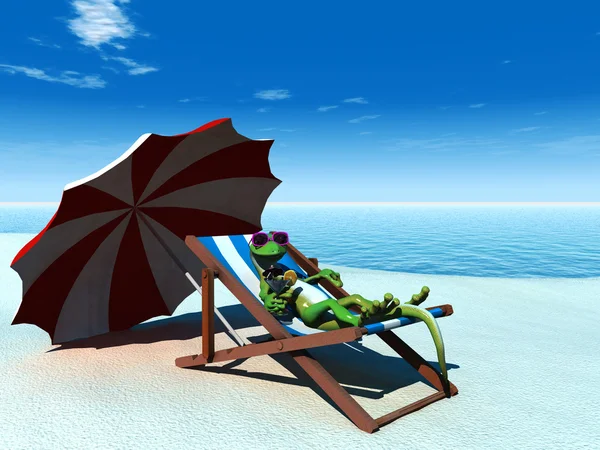 Cool cartoon gecko relaxing on the beach. — Stock Photo, Image