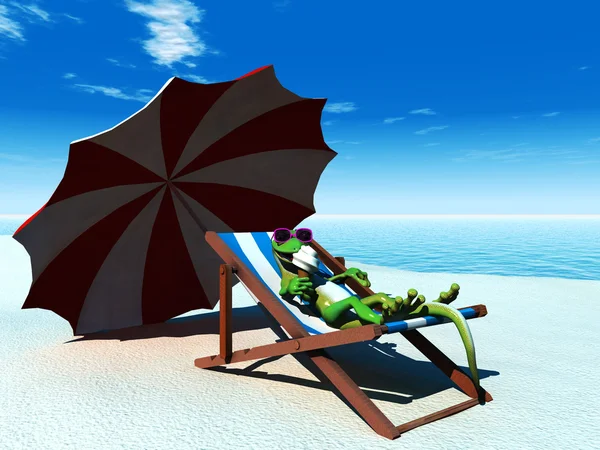 Cool cartoon gecko ontspannen op het strand. — Stockfoto