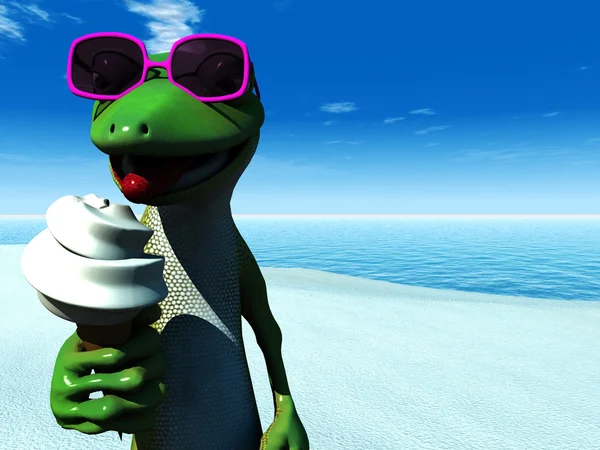 Δροσερό κινουμένων σχεδίων gecko τρώγοντας παγωτό στην παραλία. — Φωτογραφία Αρχείου