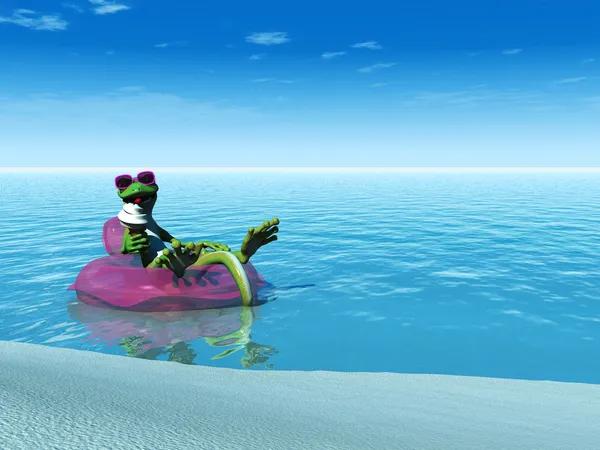 Cool cartoon gecko eating ice cream while floating on a bathing — Stock Photo, Image
