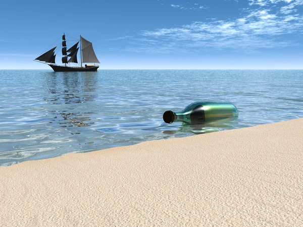 Message in a bottle lying at the waterside. — Stock Photo, Image