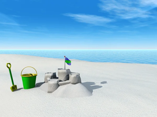Bucket, spade and sand castle on a beach. — Stock Photo, Image