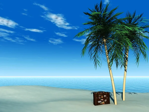Cestovní kufr na tropické pláži. — Stock fotografie
