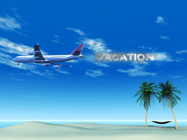 Vliegtuig met rook spelling van het woord "vakantie" over tropische b — Stockfoto