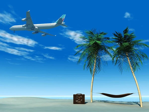 Airplane flying over tropical beach. — Stock Photo, Image