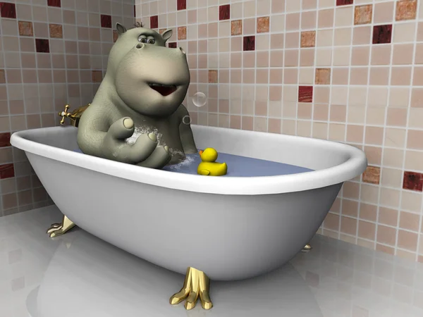 Cartoon hippo in badkuip. — Stockfoto