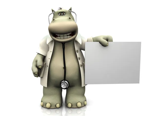 Cartoon hippo doctor with sign. — Stock Photo, Image