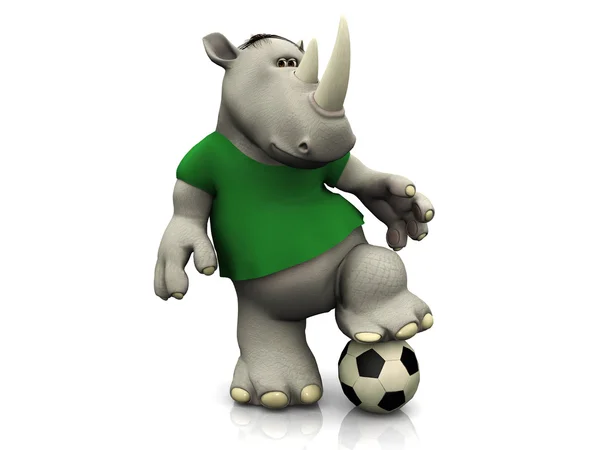 Kreslený rhino pózuje s fotbalovým míčem. — Stock fotografie