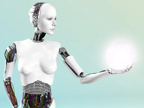 Mujer robot sosteniendo esfera de energía . — Foto de Stock
