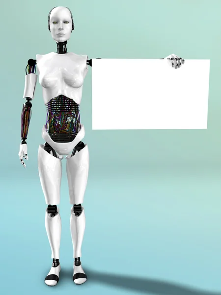 Mujer robot sosteniendo signo en blanco . — Foto de Stock