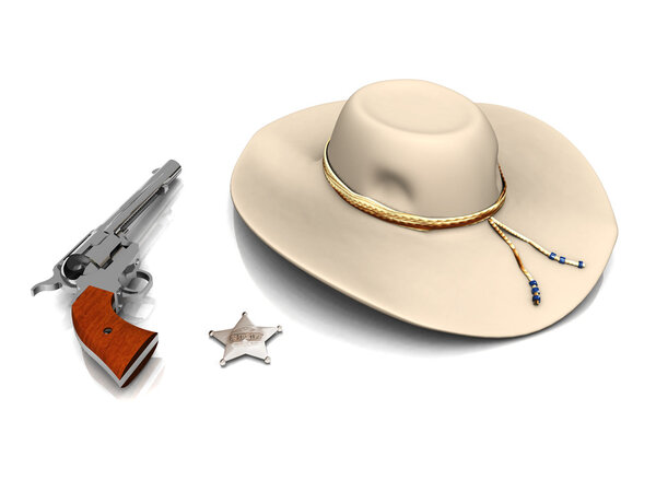 Sheriff's hat, sheriff's star and a gun.