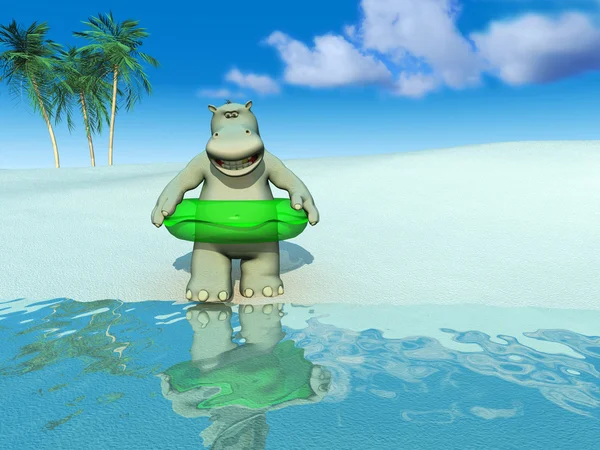 Cartoon hippo on the beach. — Stock Photo, Image