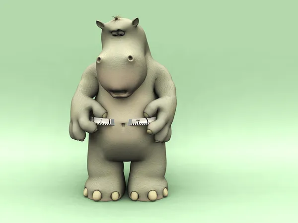Shocked cartoon hippo measuring his waist. — Stock Photo, Image