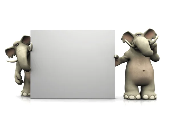 Dos elefantes de dibujos animados con gran signo en blanco . — Foto de Stock