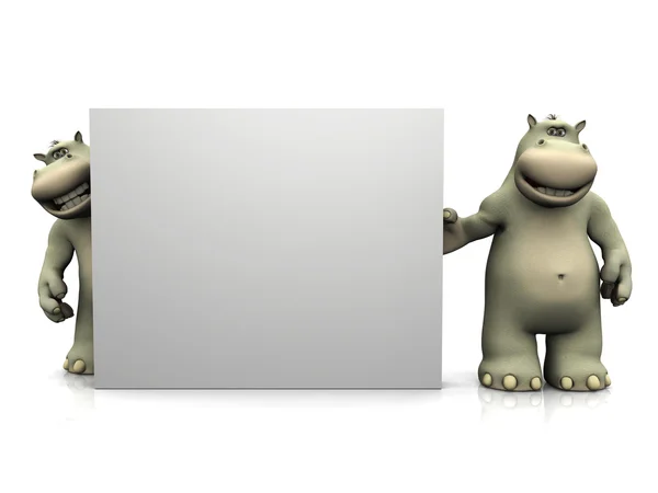 Two cartoon hippos with big blank sign. — Stock Photo, Image